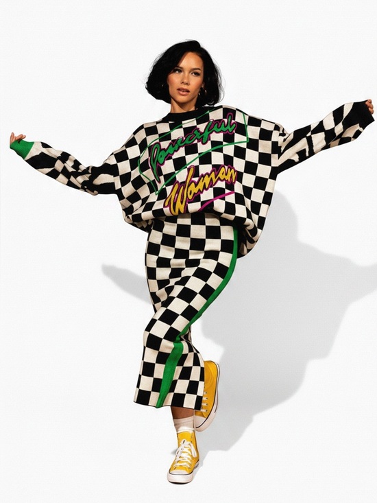 Dressed in LALA Sweaters - Dressed in LALA Powerful Woman Grand Prix Checkerboard Oversized Sweater NWT
